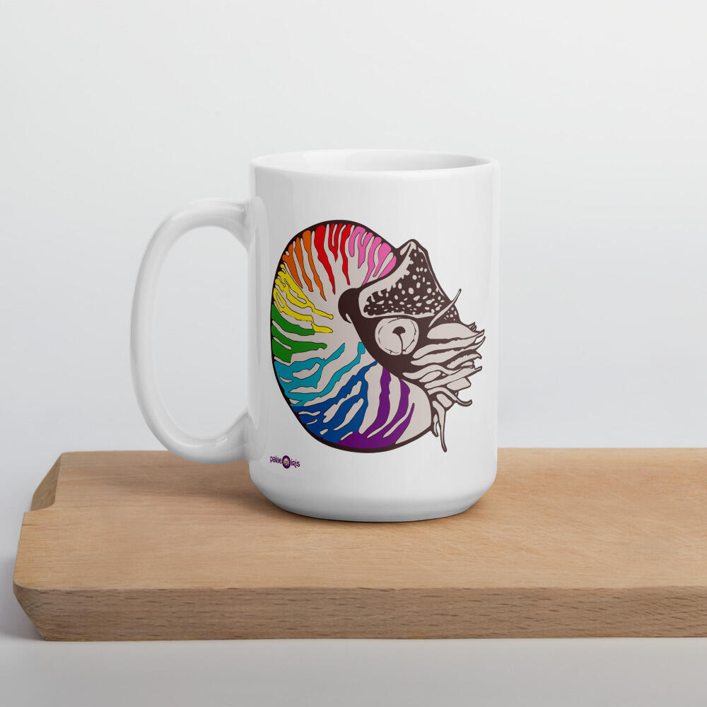 Nautilus pompilius Ammonite mug featuring LGBT+ pride flags