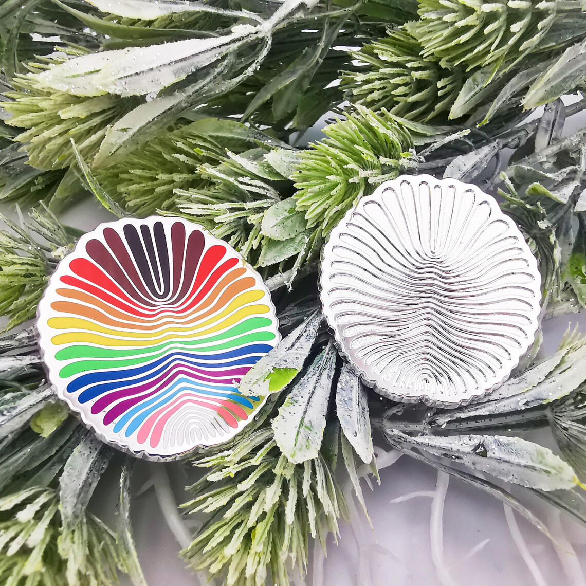 Dickinsonia enamel pins featuring LGBT+ Progress Pride Flag.