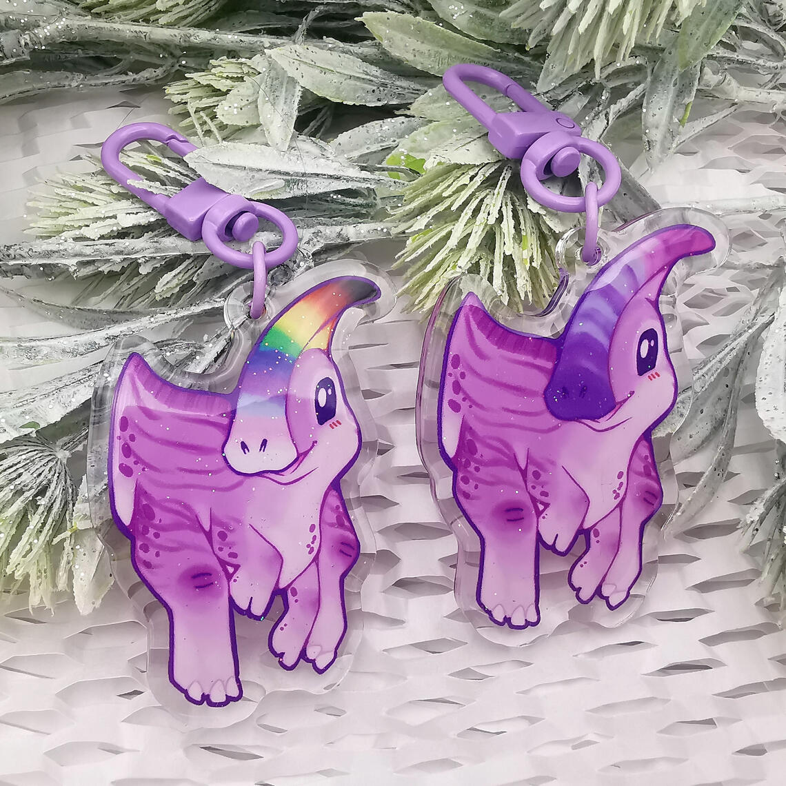 Pride purple chibi cute Parasurolophus dinosaur keychain