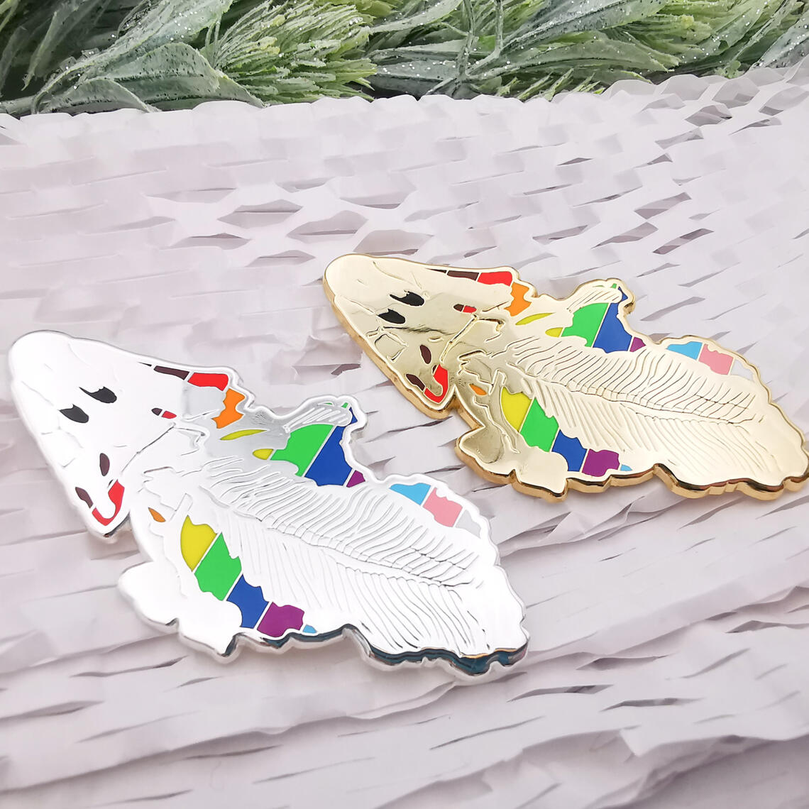 Tiktaalik enamel pins featuring LGBT+ Progress Pride Flag.